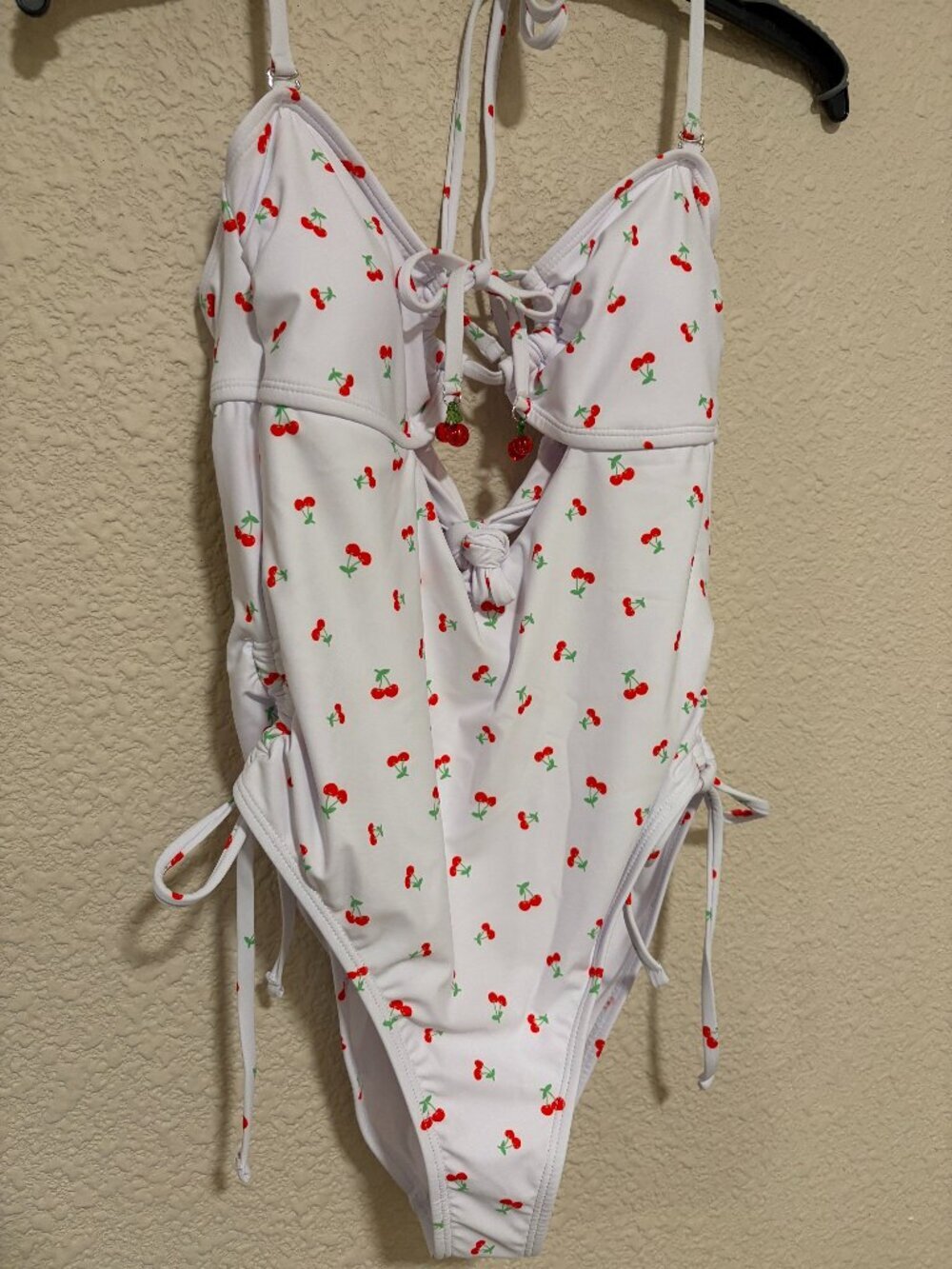 Juicy Couture White Cherry Print One Piece Swimsuit Bows Size L NWT